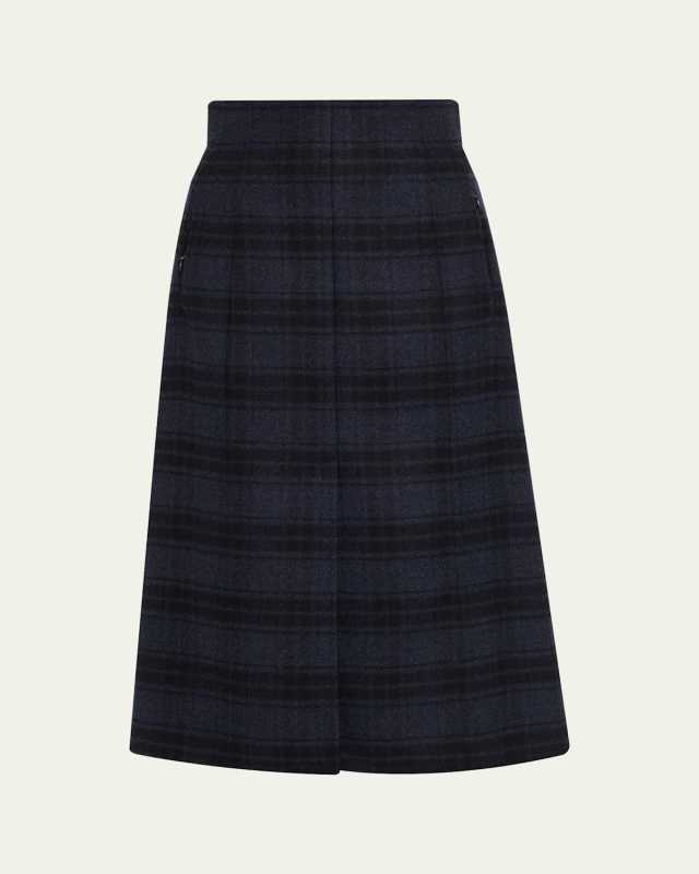 Check Wool Double Face A-Line Midi Skirt
